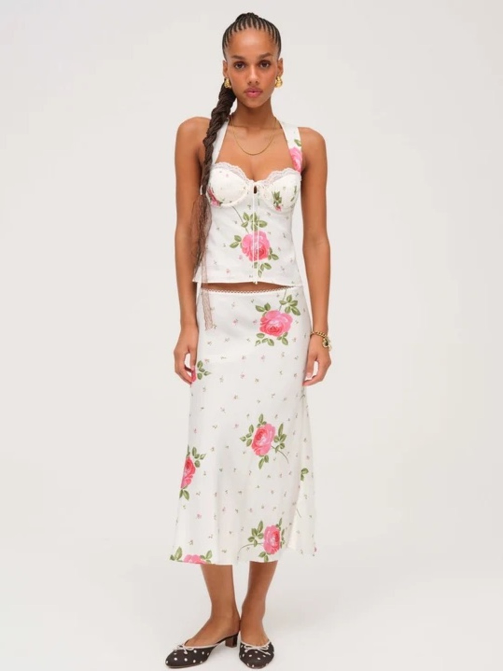 For Love & Lemons Rosebud Midi Skirt | White + Pink | S | NWT
